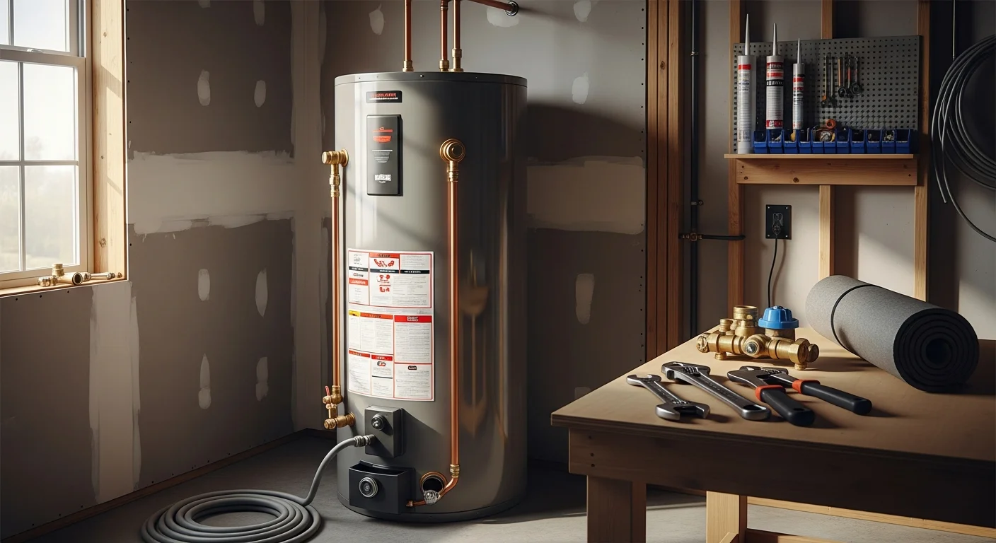 Water heater tank installation in a residential utility room