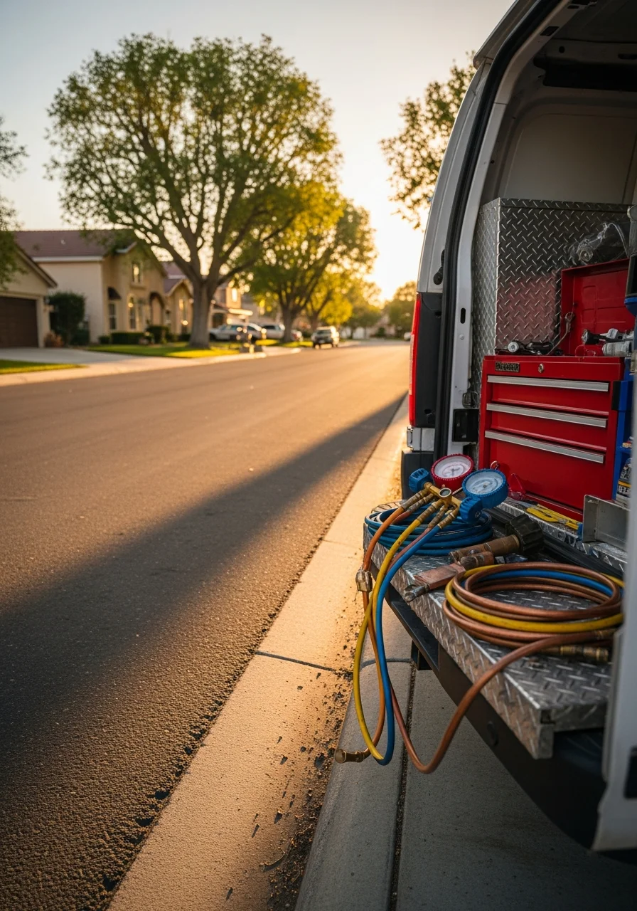 A service technician standing confidently in a Dinuba neighborhood with equipment ready.