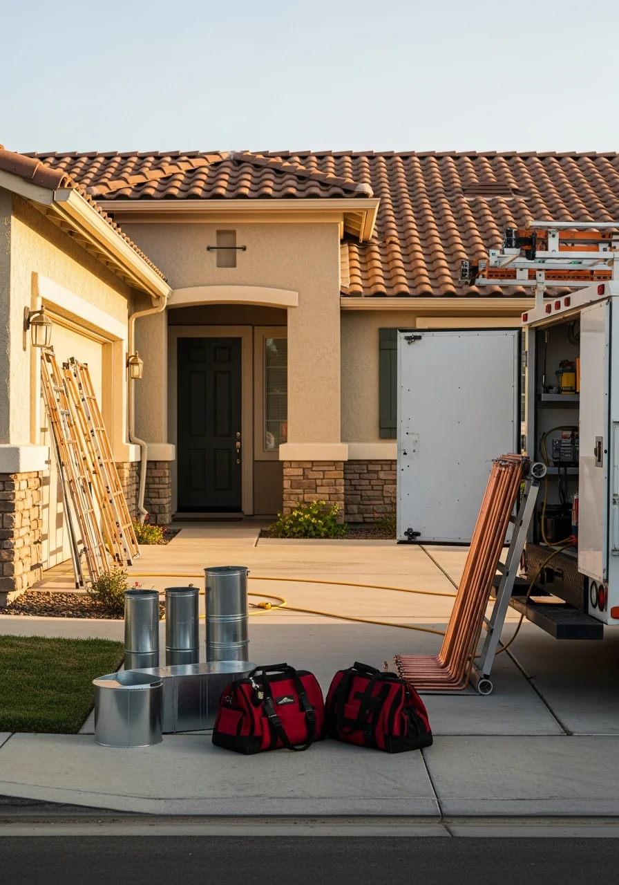 A technician in work gear standing confidently in front of a Fresno home.