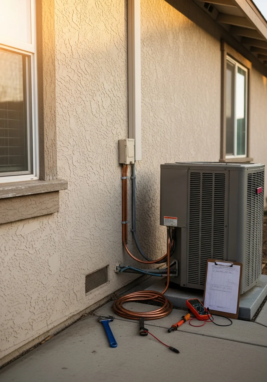 A technician standing ready with tools in a Hanford neighborhood setting.