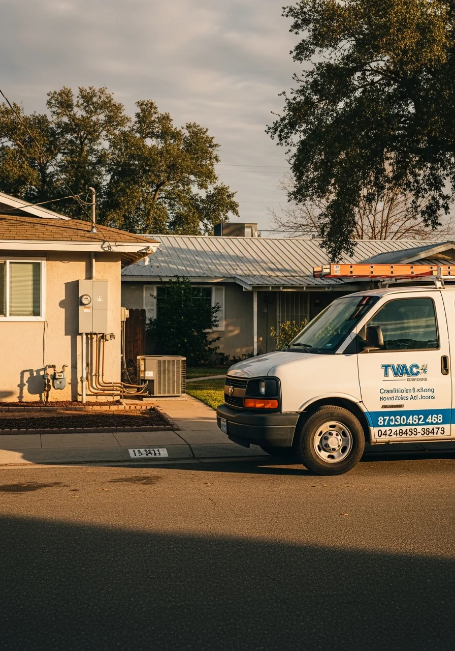 A local technician standing in front of a service vehicle in a Lindsay neighborhood.
