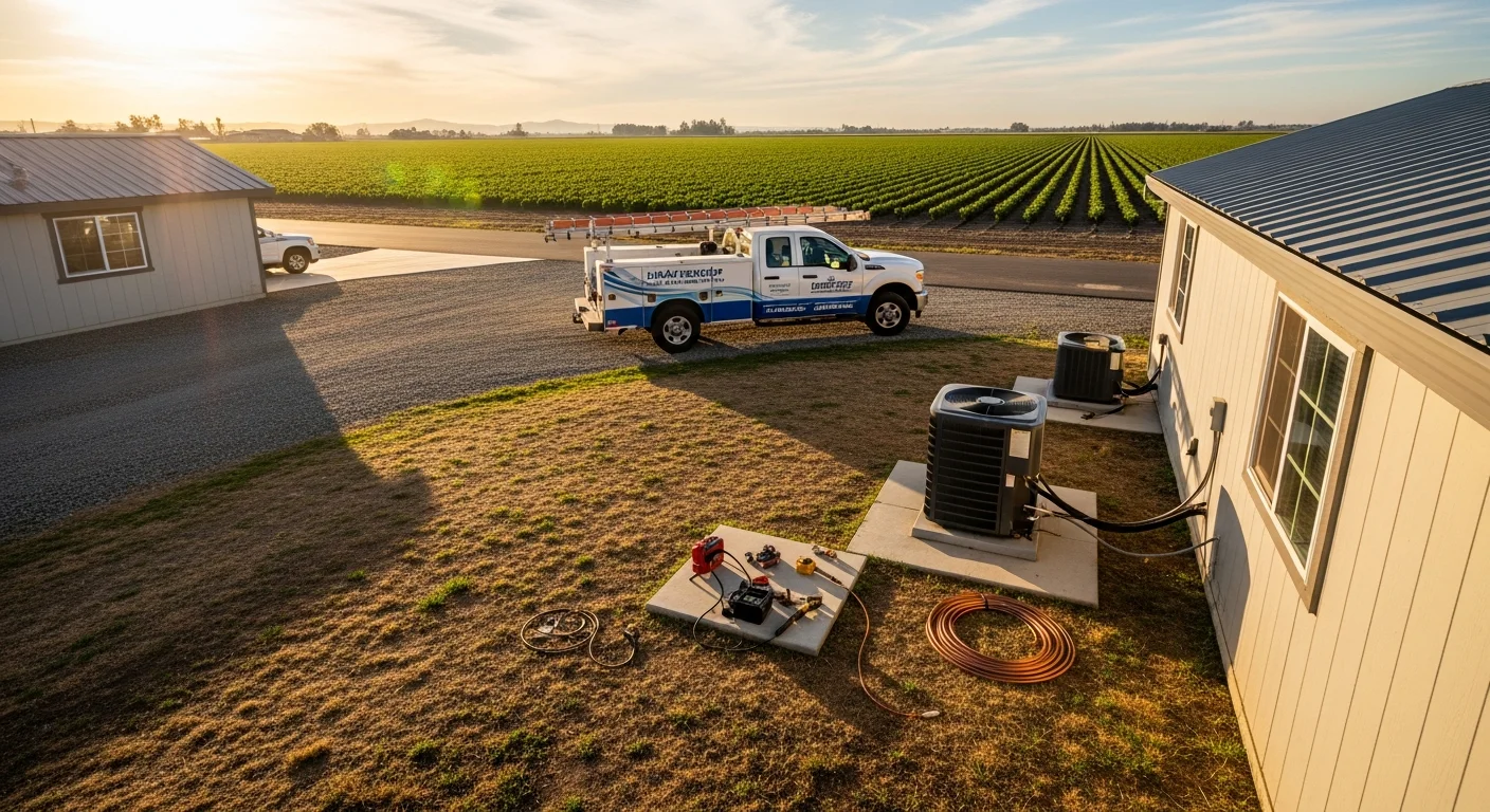 Rural farmland and residential properties in Lindsay, CA with open fields and scattered homes.