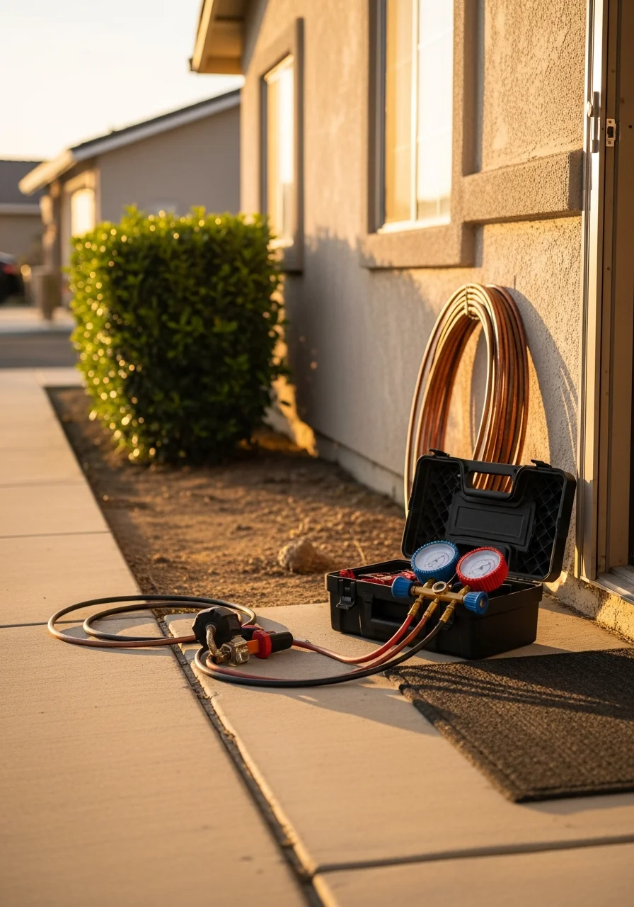 A service professional with equipment standing in a Porterville driveway.