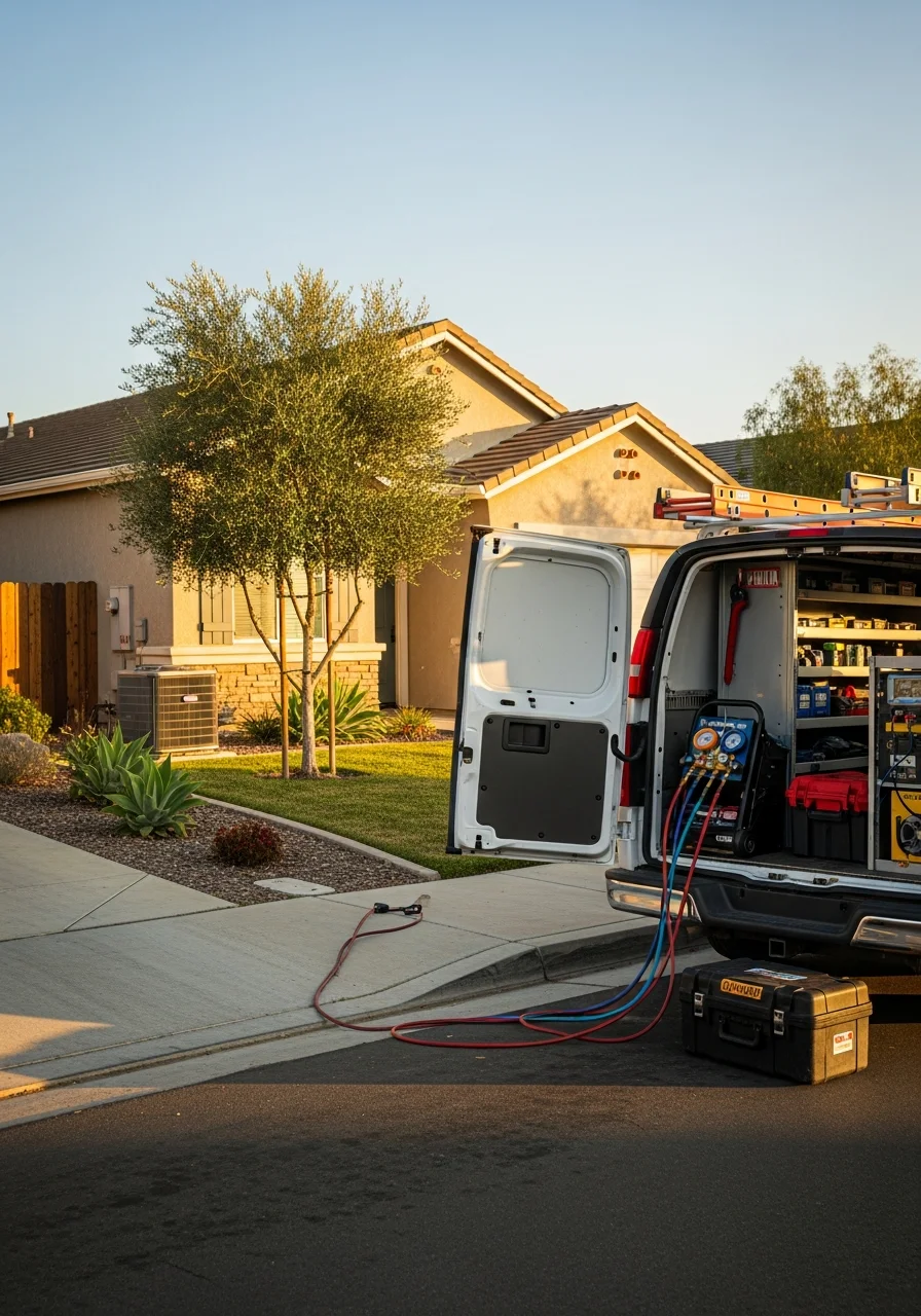 A professional service technician standing in a Tulare neighborhood ready to assist.