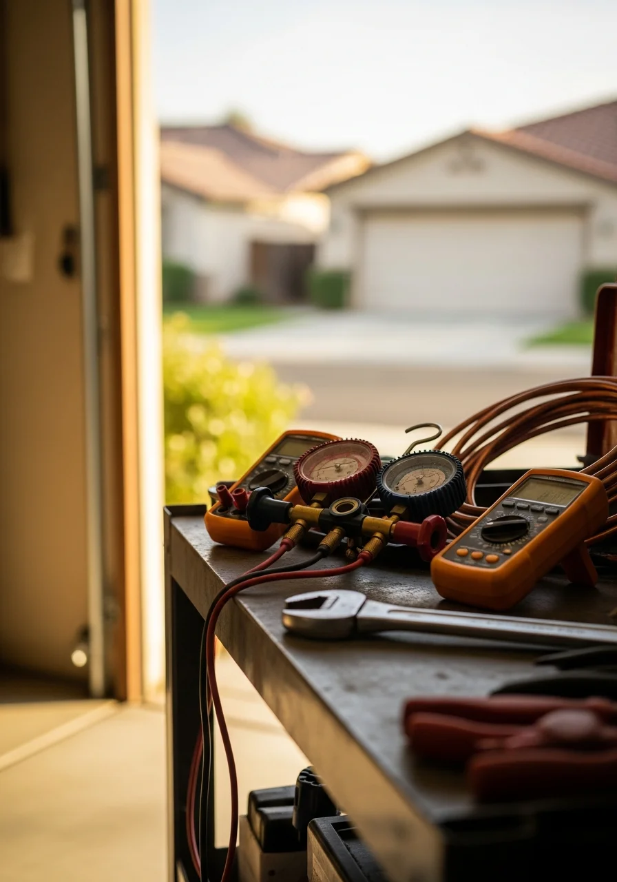 A service professional with tools and equipment ready to assist a Visalia homeowner.