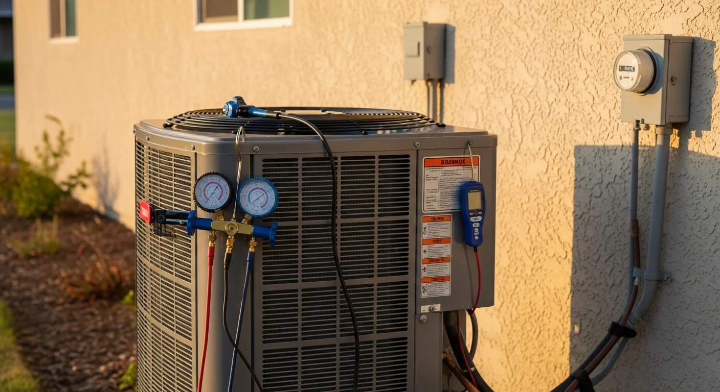 A Ramirez HVAC Services technician inspecting the outdoor condenser unit of a central air conditioning system at a single-family home in Lindsay, CA. The technician checks refrigerant lines and electrical connections on a clear, sunny day.