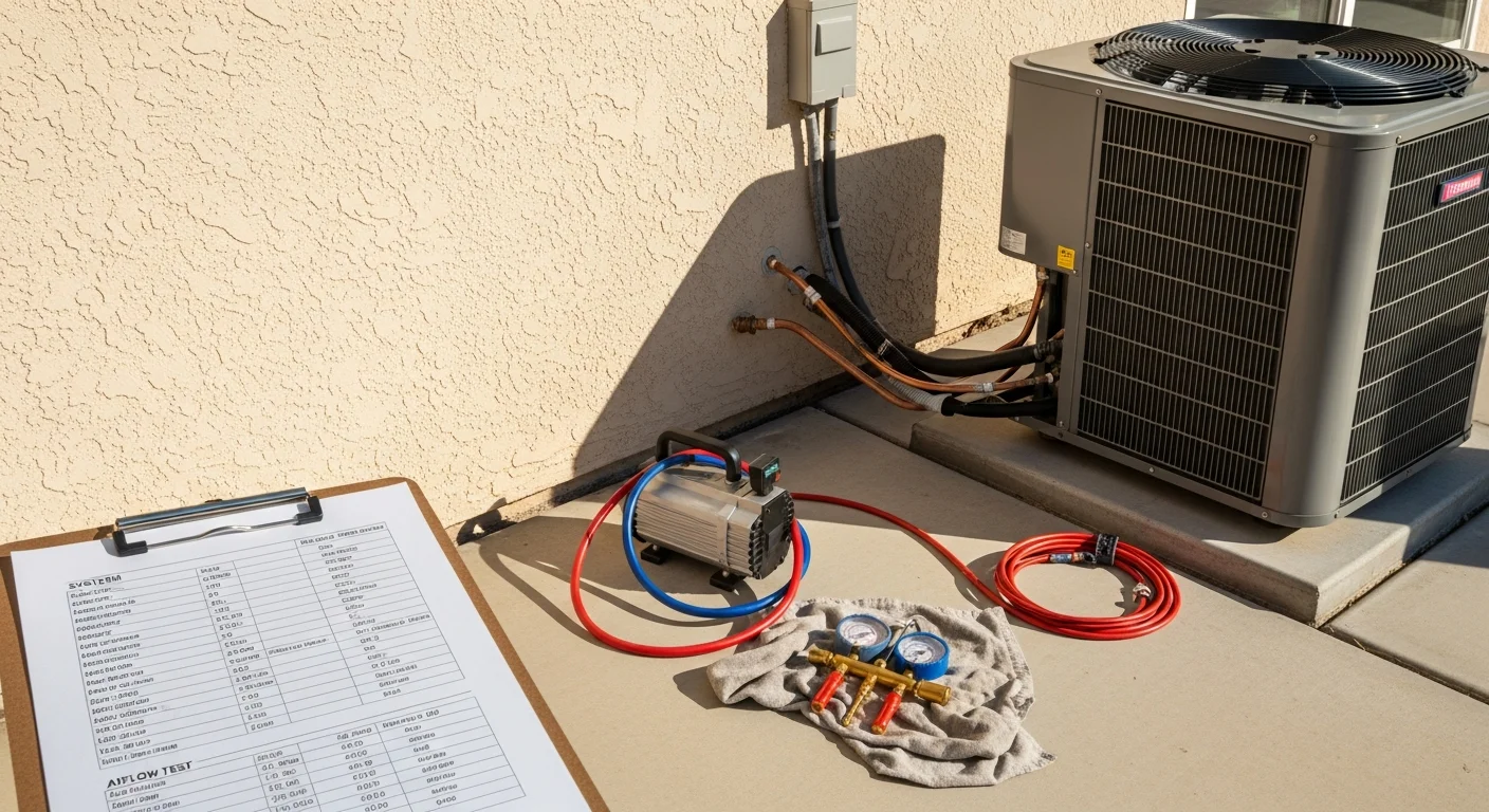 A newly installed central air conditioning condenser unit positioned on a concrete pad beside a ranch-style home in Lindsay, CA. A Ramirez HVAC Services technician checks the system connections on a clear, sunny day.