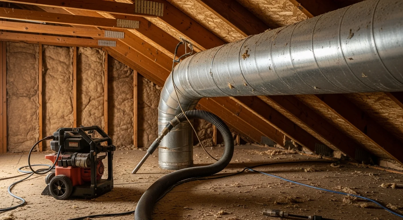 A Ramirez HVAC Services technician using negative-pressure duct cleaning equipment connected to a vent register inside a ranch-style home in Lindsay, CA. Dust and debris are visible being extracted from the duct opening during the cleaning process.