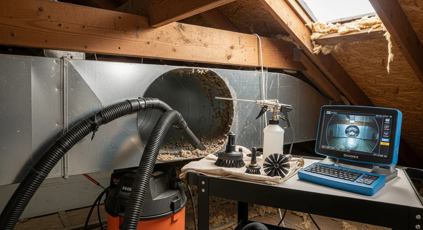 A Lindsay, CA HVAC technician using negative-pressure equipment to clean debris and odor-causing buildup from a residential air duct. The supply register is removed and the duct interior is visible during the extraction process.