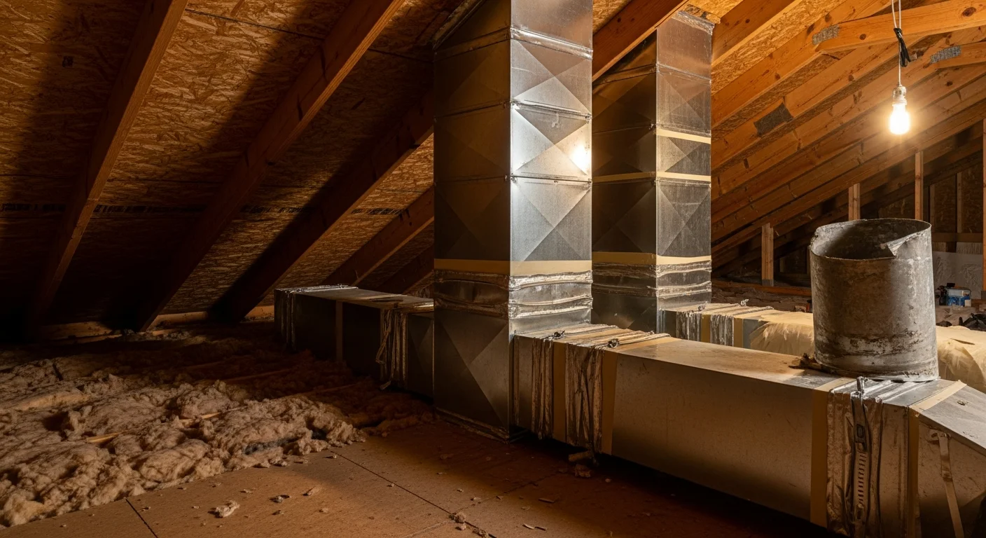 A Ramirez HVAC Services technician installing new ductwork in the attic of a residential home in Lindsay, CA. Fresh insulated ducts run along the ceiling joists, replacing old deteriorated sections.