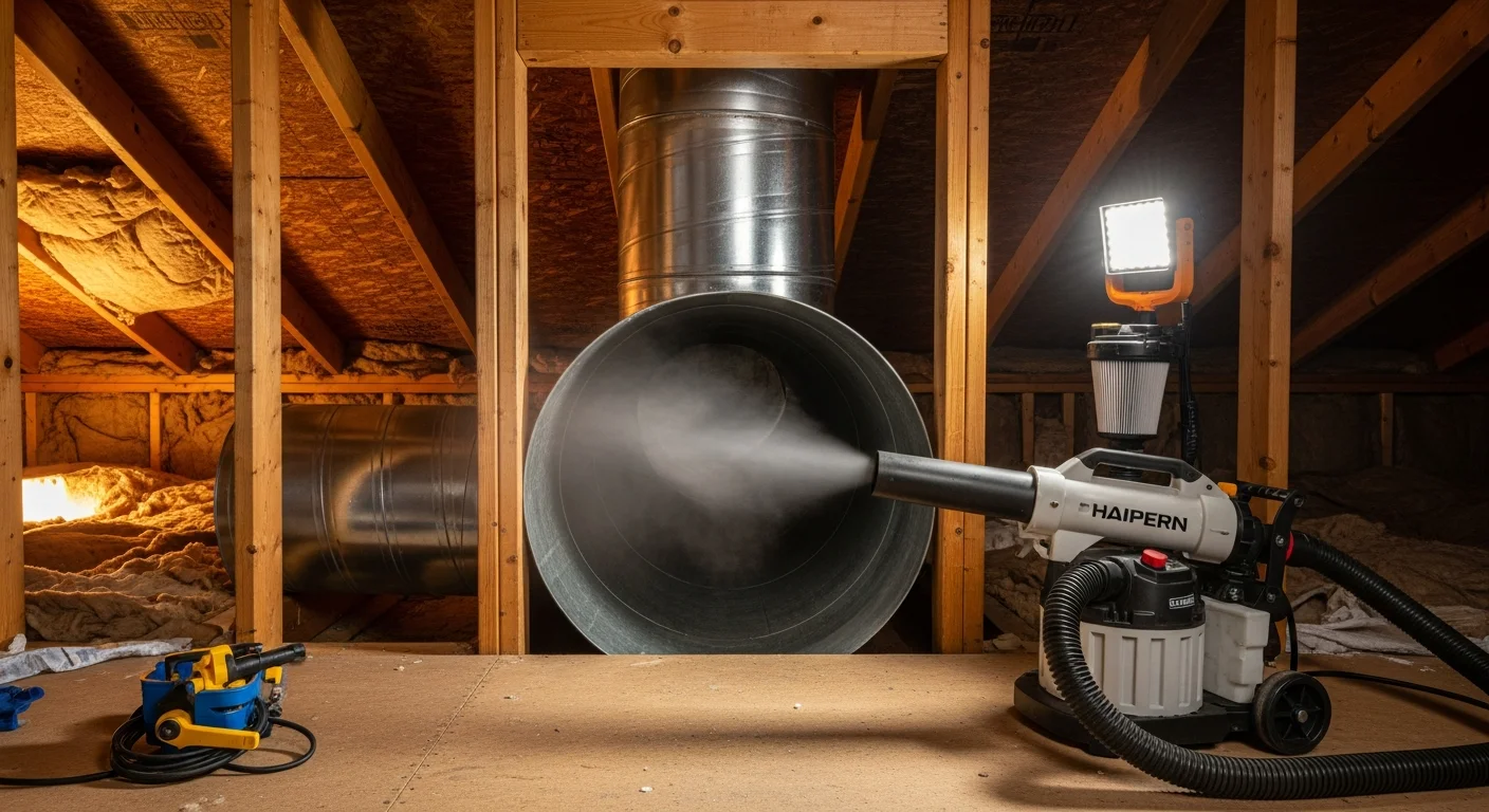 A Ramirez HVAC Services technician applying antimicrobial fogging treatment inside residential ductwork at a home in Lindsay, CA. The duct interior shows clean metal surfaces after debris removal, with fogging equipment connected to the supply line.