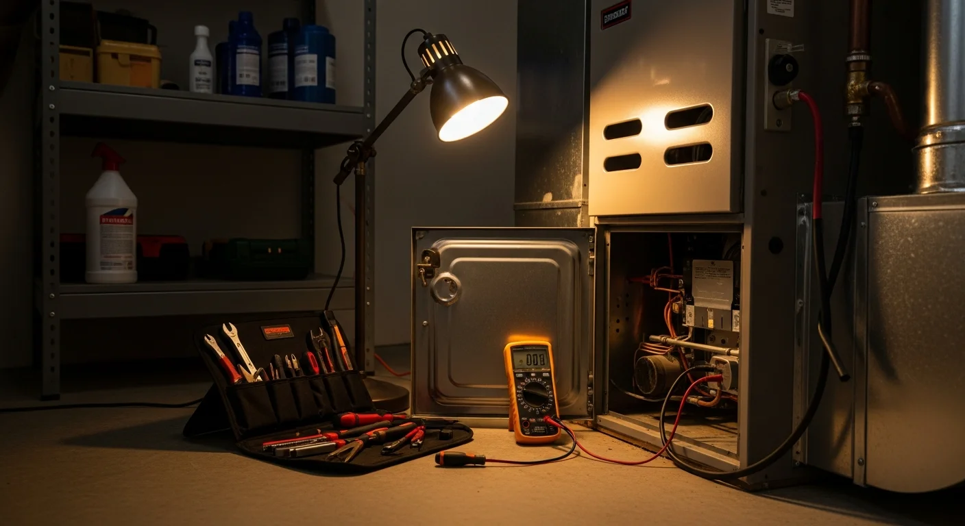 A Ramirez HVAC Services technician inspecting the interior components of a residential gas furnace inside a Lindsay, CA home. The furnace panel is open and the technician is checking the heat exchanger and burner assembly.