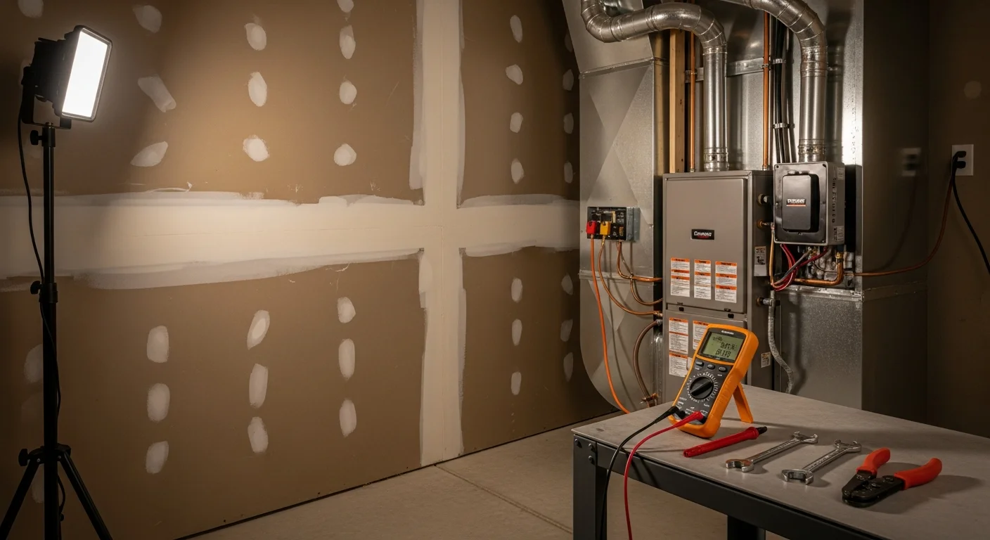 A licensed HVAC technician installing a new furnace unit inside a residential home in Lindsay, CA. The old unit has been removed and the new system is being connected to existing ductwork in the utility room.