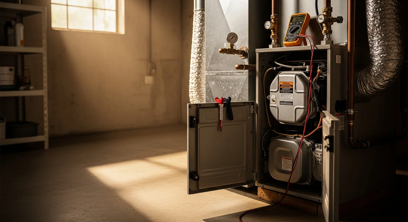 A Ramirez HVAC Services technician inspecting the interior components of a residential furnace inside a single-family home in Lindsay, CA. The furnace panel is open and the technician is checking the heat exchanger and burner assembly.