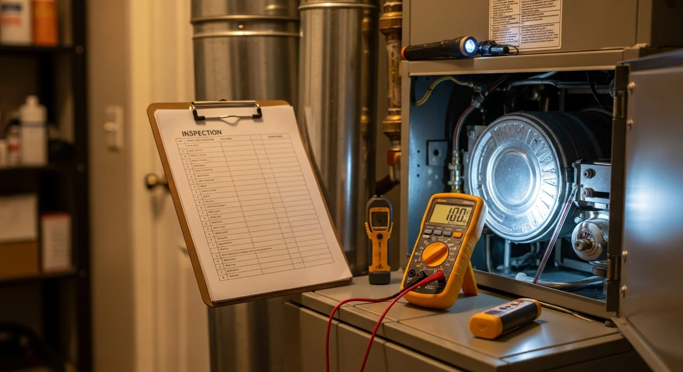A Ramirez HVAC Services technician inspecting the interior components of a residential furnace in a Lindsay, CA home. The technician examines the heat exchanger and burner assembly in a utility room of a single-family house.