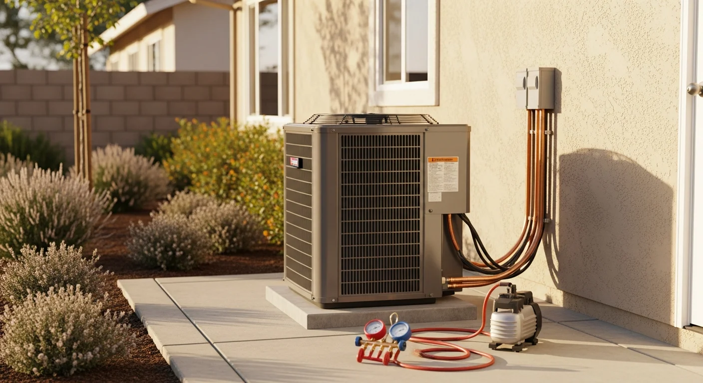 A Ramirez HVAC Services technician completing an HVAC system installation at a ranch-style single-family home in Lindsay, CA. The outdoor condenser unit is mounted on a concrete pad beside the home with new refrigerant lines running to the exterior wall.