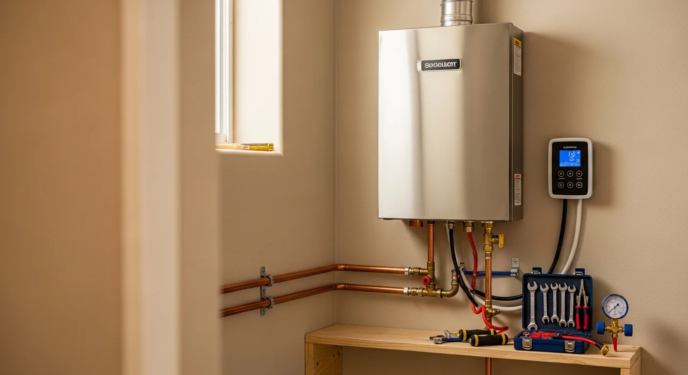 A wall-mounted tankless water heater installed in a residential utility space in Lindsay, CA, with copper water lines and a gas connection visible. A Ramirez HVAC Services technician checks the unit connections during a post-installation inspection.