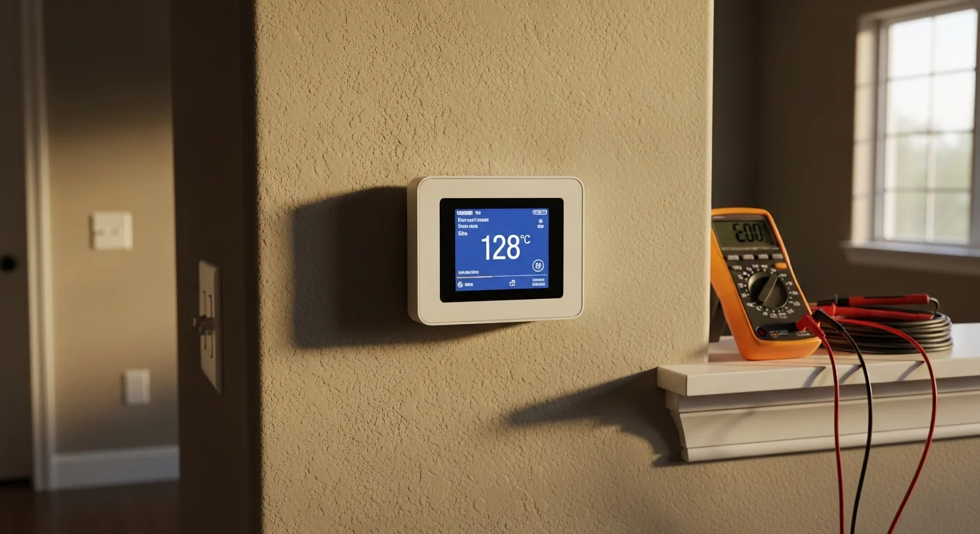 A newly installed programmable thermostat mounted on an interior wall of a Lindsay, CA home, displaying a set temperature during a hot summer day. The clean wall plate and digital screen show a completed thermostat upgrade by Ramirez HVAC Services.
