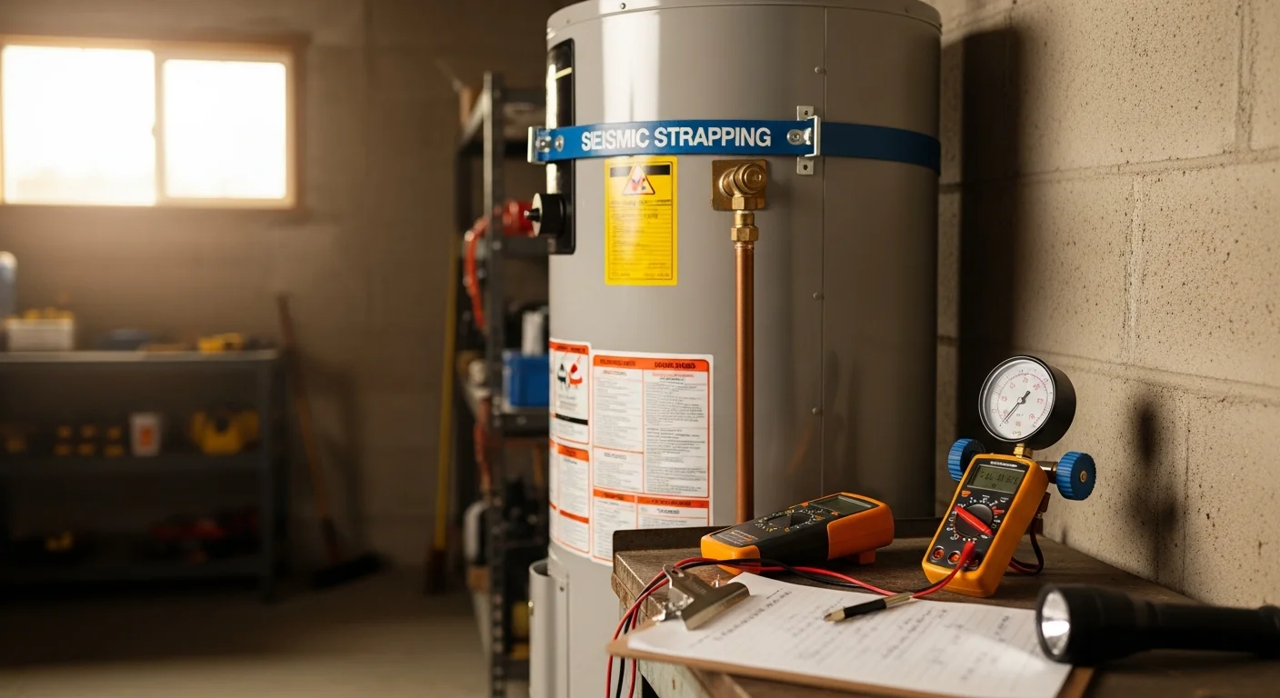 A Ramirez HVAC Services technician inspecting a residential water heater in a Lindsay, CA home, checking the pressure relief valve and tank connections. The unit is a standard tank-style water heater located in a utility closet of a single-family home.