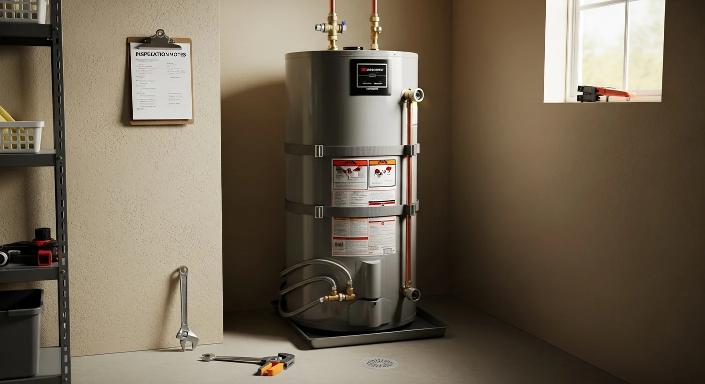 A newly installed water heater tank secured with California-required seismic straps inside a residential utility space in Lindsay, CA. A Ramirez HVAC Services technician checks the pressure relief valve and shutoff connections after installation.