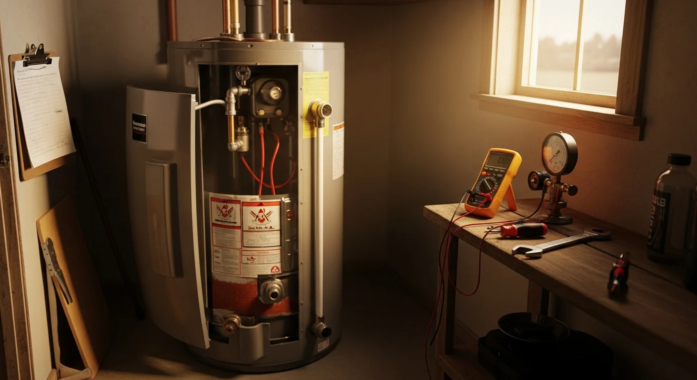 A technician from Ramirez HVAC Services inspecting a residential tank water heater inside a Lindsay, CA home. The image shows the technician checking connections and components on an aging unit in a utility closet.