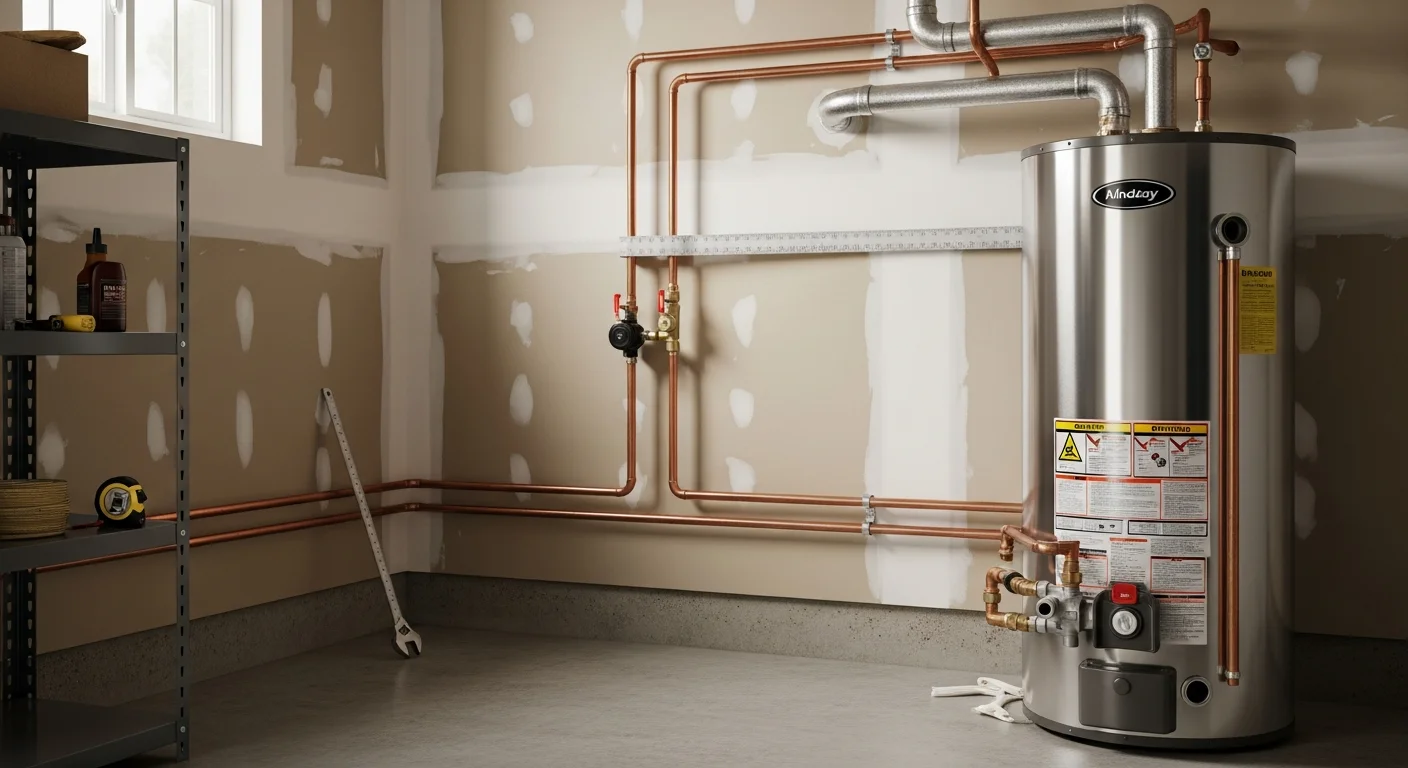 A newly installed water heater in a residential utility closet in Lindsay, CA, with fresh copper supply lines and seismic straps secured to the wall. The surrounding area is clean and clear of debris following the replacement service.